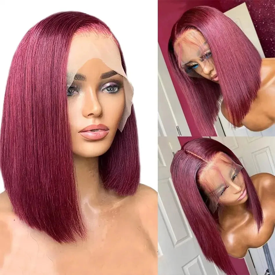 Short Bob Straight 99J Red Burgundy Color Synthetic 13X4 HD Lace Front Wig For Black Women Prepucked With Baby Hair Glueless Wig