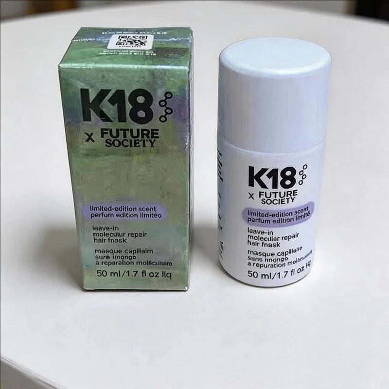 K18 Future Society hair mask packaging and bottle on a white surface