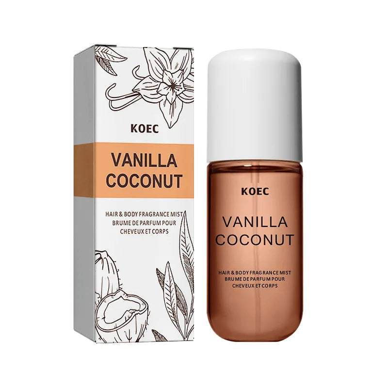 KOEC Vanilla Coconut hair and body fragrance mist with packaging on a white background