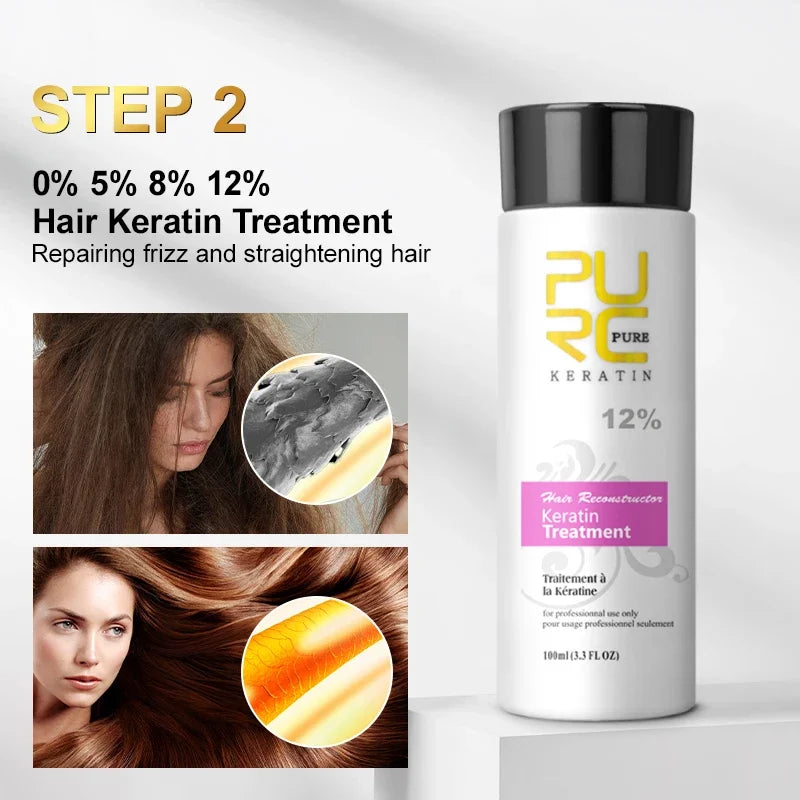 PURC 12% Keratin Treatment Step 2 for professional Brazilian hair straightening, smoothing, frizz control and damaged hair repair, shown with before-and-after results for curly, dry and frizzy hair.