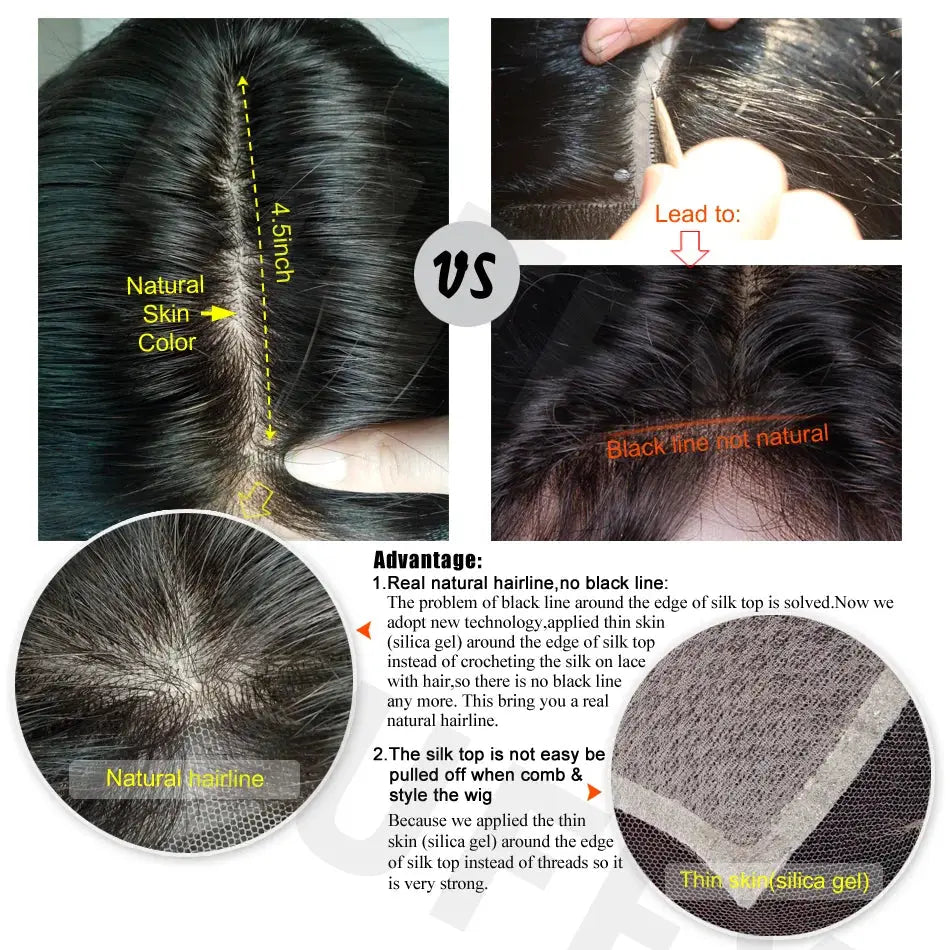 Brazilian Remy human hair full lace wig 5x4.5 silk base with natural scalp skin color, pre-plucked hairline, thin silk top and realistic no-black-line construction
