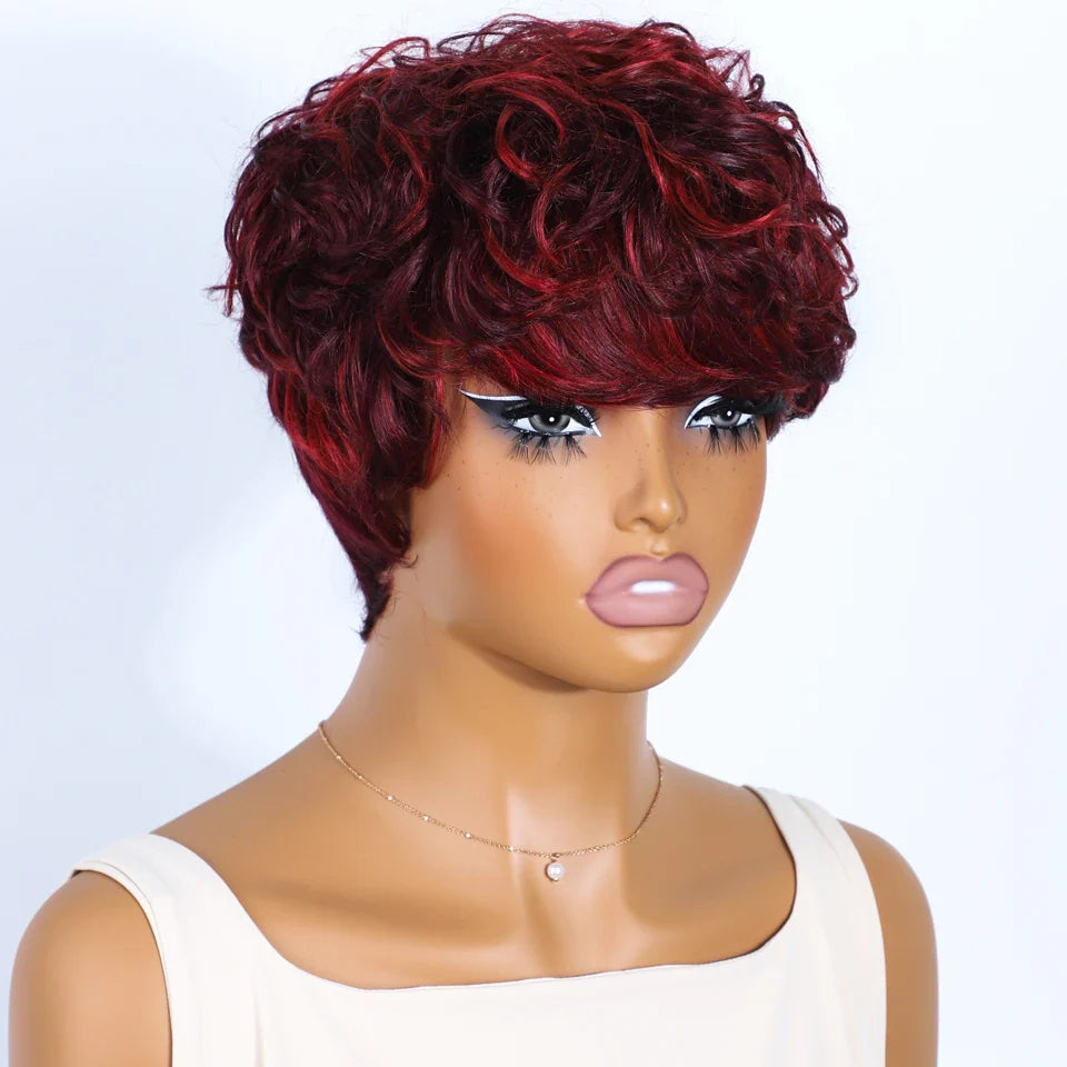 Rebecca Mixed Brown Pixie Cut Wig | Curly Side Part Brazilian Human Hair