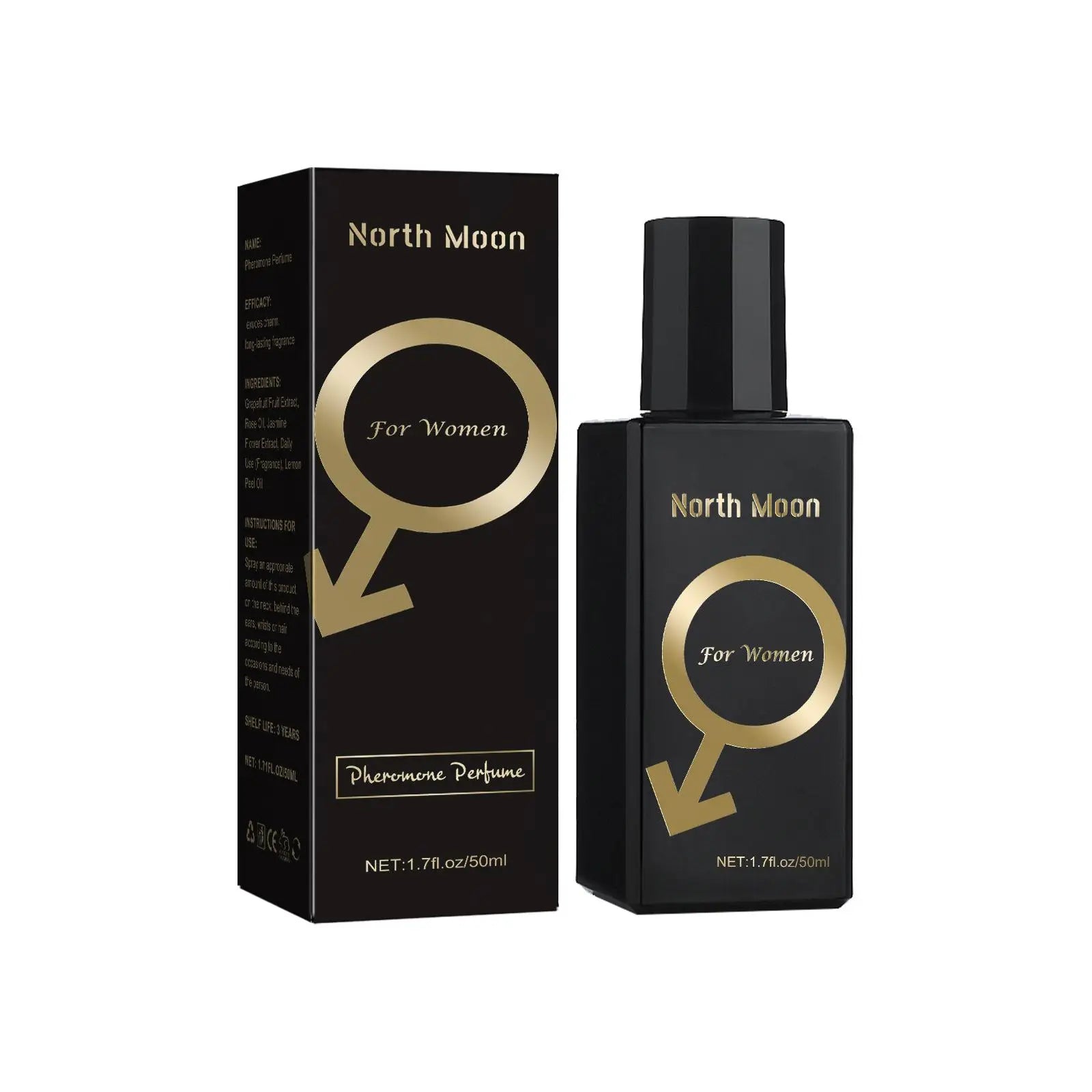 North Moon Pheromone Perfume for Women 50ml in sleek black and gold bottle with matching packaging, long-lasting seductive fragrance and attraction perfume oil