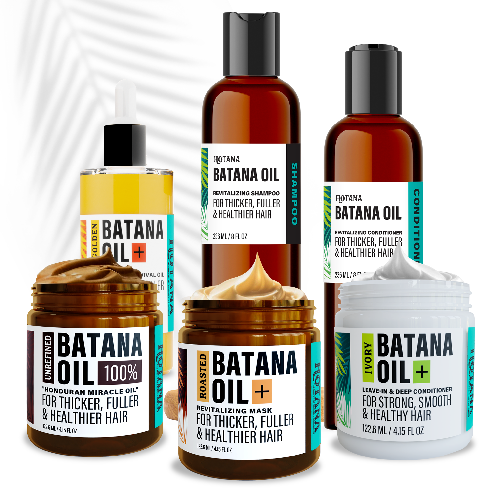 Collection of Batana Oil hair care products on a white background