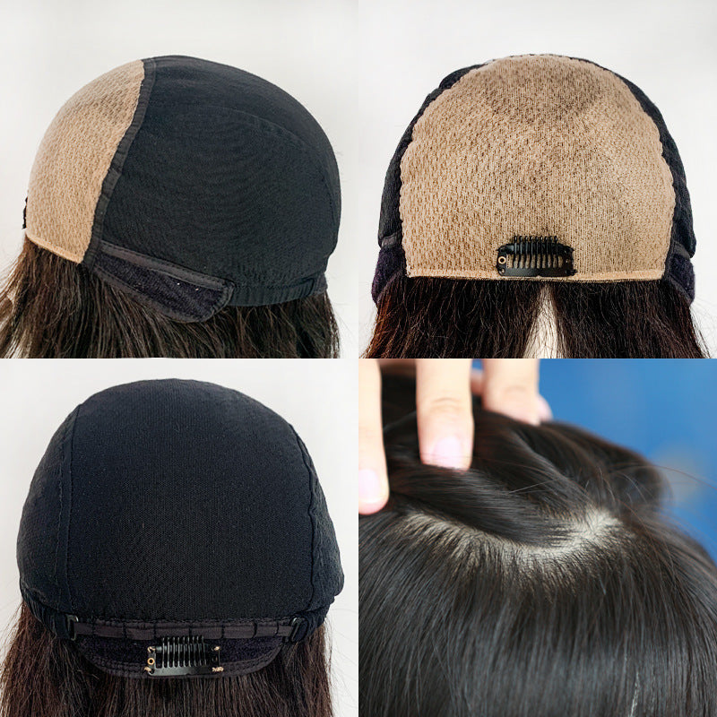 Collage of a hair wig with different angles showing the back and sides.
Women's Hand Woven Double Delivery Needle Wig with Bangs Sheath Real Human Hair Silk Sleeve High Quality Handmade wig.
Comparison of different hair length styles with models and mannequin heads.
Product information:
Treatment Process: hand-woven
Efficacy: modify shape
Color: natural color small size 53-54, natural color medium 55-56, natural color plus 57-58, dark brown small size 53-54, dark brown medium 55-56, dark brown plus 57-58
Ap