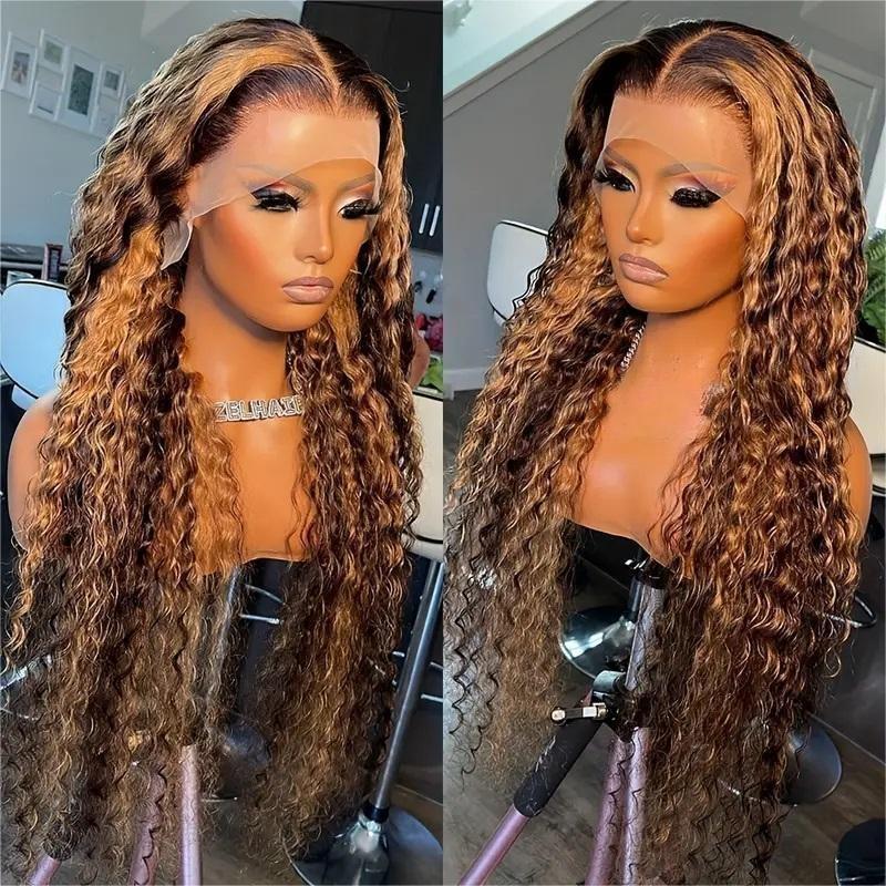 P4/27 Highlight 13x6 Water Wave Lace Front Human Hair Wig, long brown and honey blonde highlighted wet and wavy lace frontal wig with natural hairline, deep parting and defined curls, Thai Luxury Hair