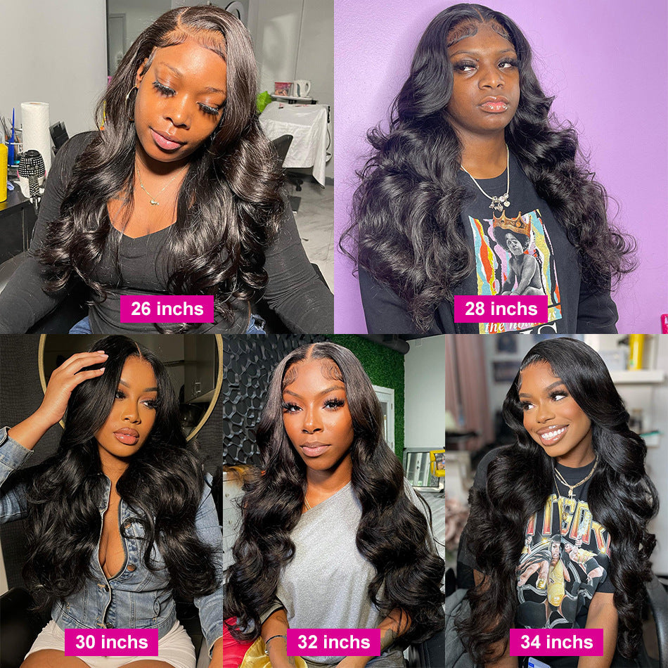Long black curly lace front wig length guide featuring women modeling 26, 28, 30, 32 and 34 inch synthetic wigs with voluminous body waves, natural-looking hairlines and side parts.