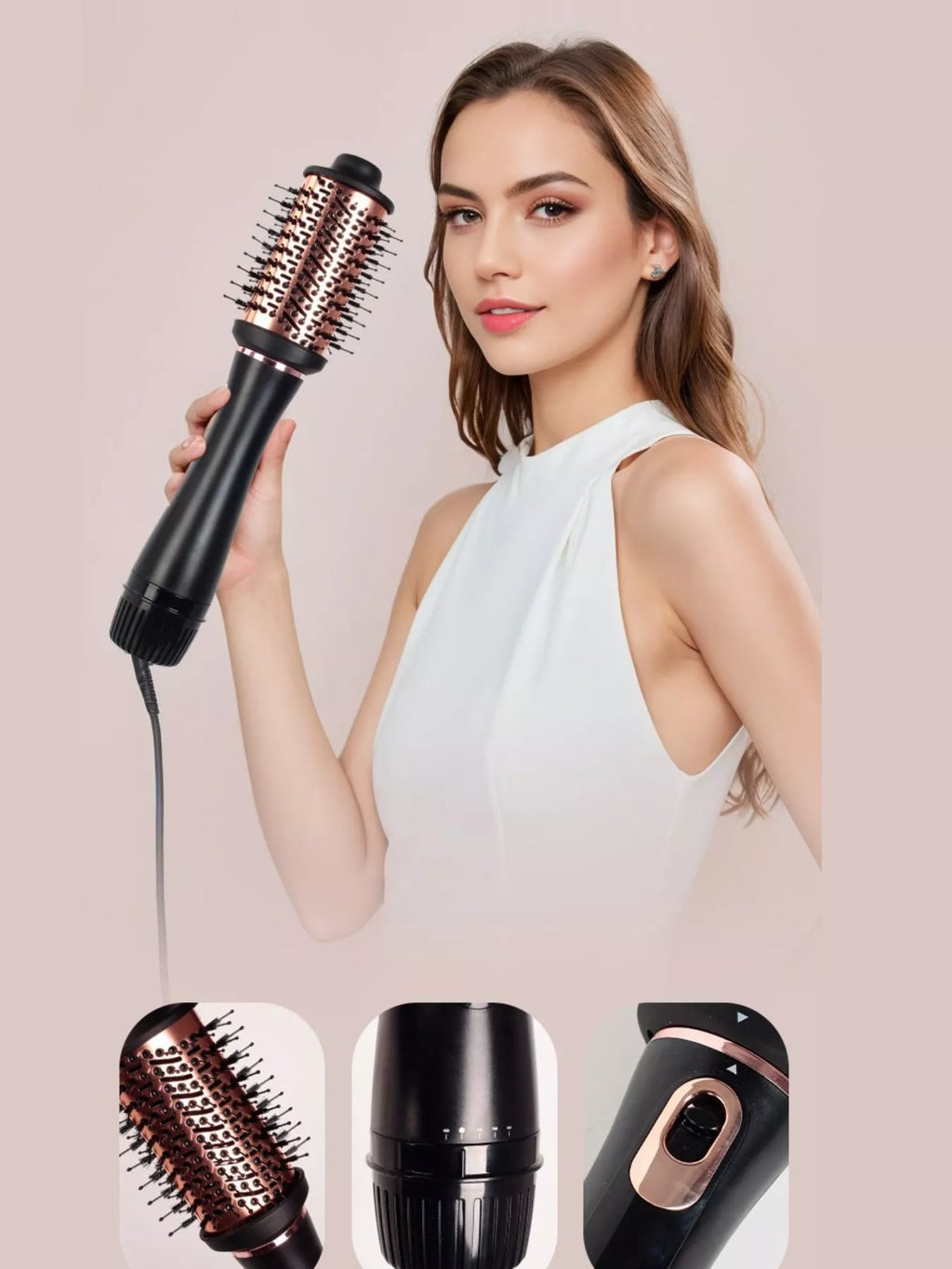 Fast heating hot air brush for drying, straightening, smoothing and volumizing hair, featuring a round heated bristle barrel, ergonomic black handle and rose gold accents, shown with a woman styling long hair and close-up views of the brush, airflow vent and heat control for salon-quality blowouts at home.