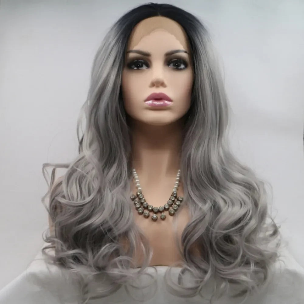 24" Lace Front Synthetic Wig in Grey Ombre, Long Wavy