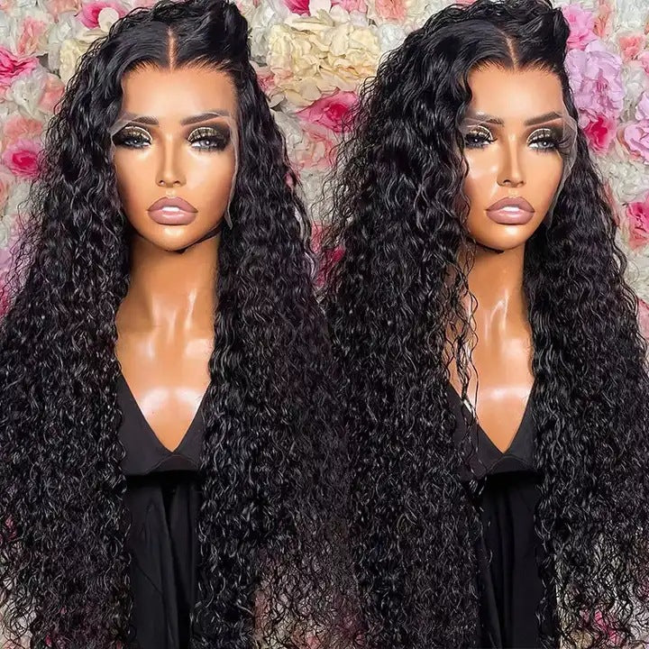 12A Water Wave Human Hair 13x4 Lace Front Wig with long black deep curly wet and wavy texture, natural hairline, defined middle part, baby hairs and high-density Brazilian virgin human hair
