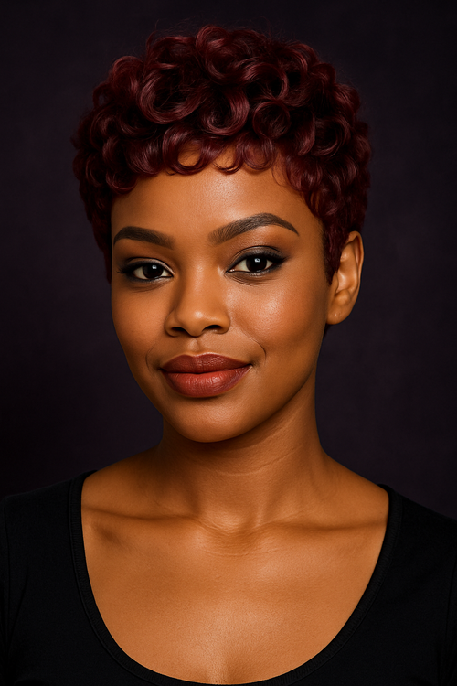 Woman with short, styled hair against a dark background. curly pixie wig, pixie cut wig, curly lace front wig, pixie lace front wig, burgundy wig, burgundy red wig, burgundy lace front wig, burgundy human hair wig, red lace front wig, red human hair wig, wine red wig, burgundy pixie wig, curly human hair wig, curly wig, human hair wig, 100% human hair wig, lace front wig, lace front human hair wig, glueless wig, glueless lace front wig, glueless human hair wig, ready to wear wig, wear and go wig, beginner