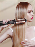 Fast heating hot air brush styling long straight blonde hair for smooth, sleek, salon-quality results, featuring a round heated brush for drying, straightening, smoothing, volumizing, and styling hair at home.