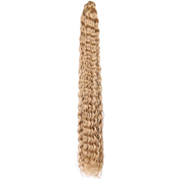 Long blonde deep wave synthetic hair extension in Russian chemical fiber, luxury wavy curly hairpiece for women, natural-looking blonde curls for braiding, styling and protective hairstyles.