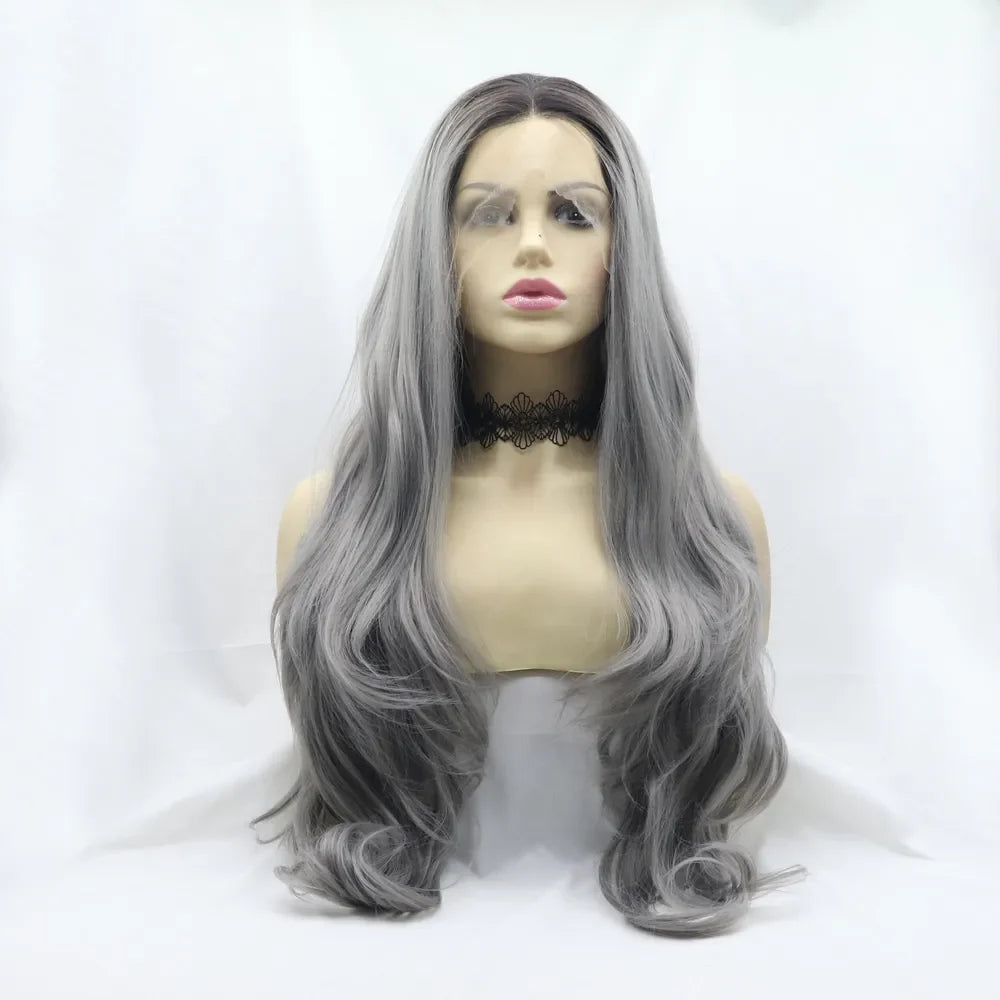 24" Lace Front Synthetic Wig in Gray, Long Wavy