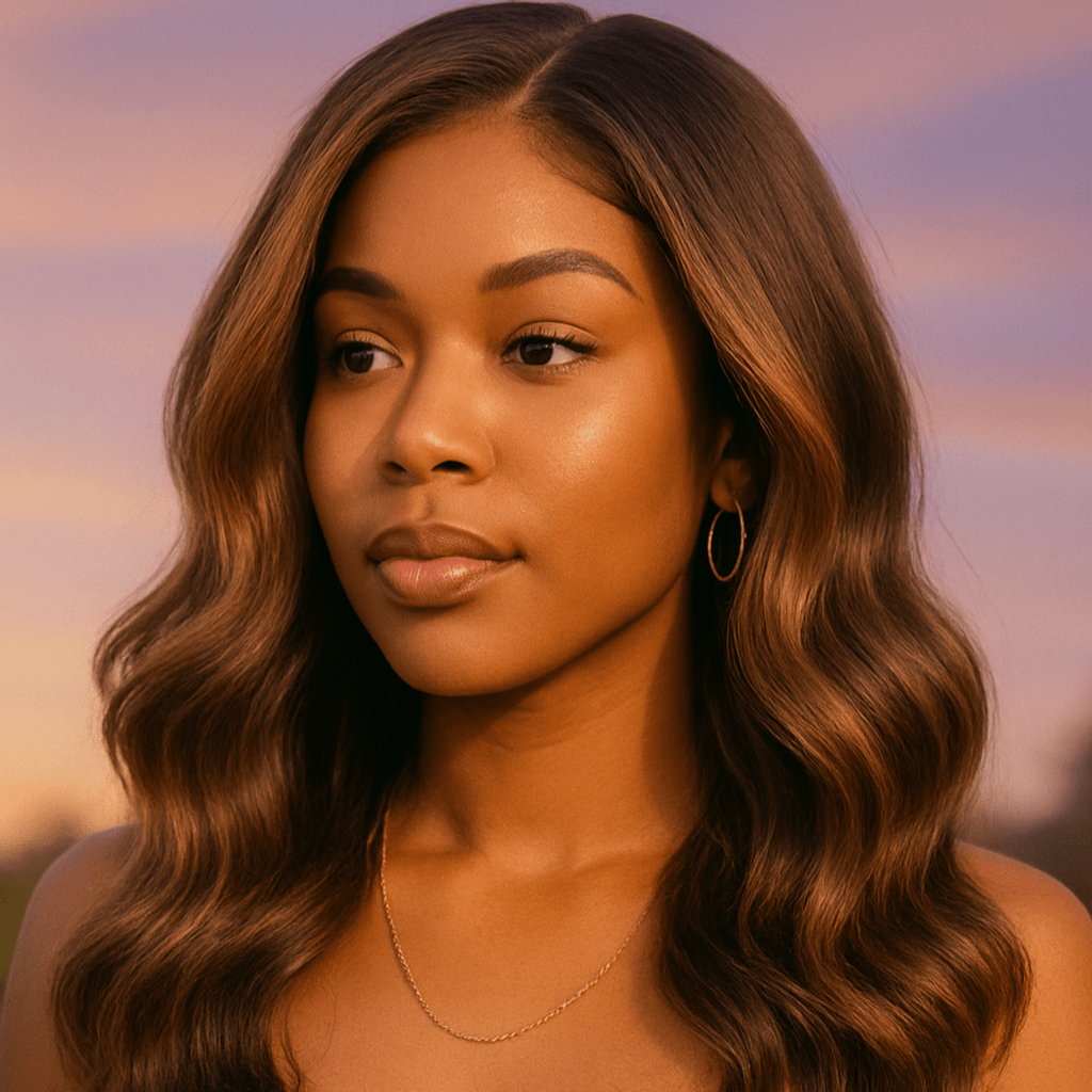 Woman with long, wavy hair against a sunset sky brown sugar bounce, chocolate brown lace front wig, chocolate brown human hair wig, brown lace front wig, brown human hair wig, brunette wig, brunette lace front wig, chocolate wig, rich brown wig, mocha brown wig, caramel brown wig, warm brown wig, chocolate brown hair wig, long loose wave wig, loose wave human hair wig, loose wave lace wig, luxury brown wig, premium human hair wig, natural part wig, realistic lace front wig, seamless hairline wig, melt lace 