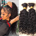 Woman styling hair with braids and two bundles of curly hair extensions on a white background.