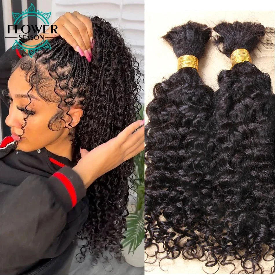 Woman styling hair with braids and two bundles of curly hair extensions on a white background.