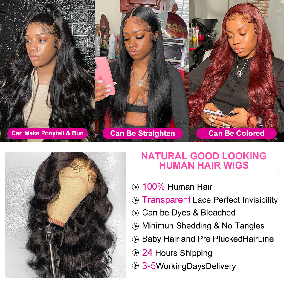 Long curly lace front wig showcasing black and burgundy styles, ponytail and bun versatility, straightening and coloring options, natural-looking hairline, transparent lace and voluminous waves.