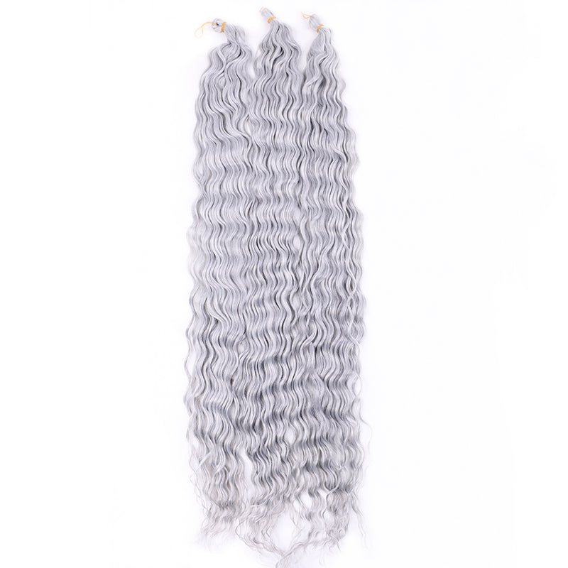 Silver gray deep wave synthetic hair extensions for women, long wavy Russian chemical fiber hairpiece with soft natural-looking curls on white background