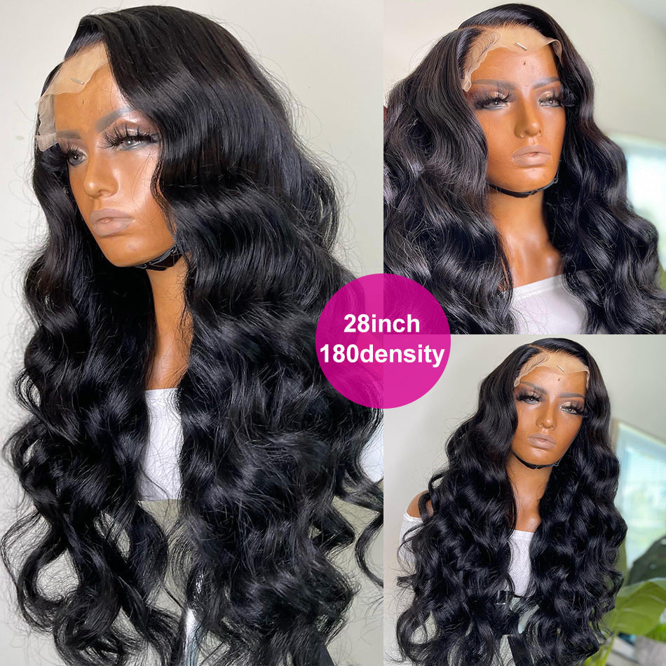 28 inch long black wavy lace front wig with 180% density, deep side part, natural-looking hairline, transparent lace, baby hairs and voluminous body waves on mannequin.