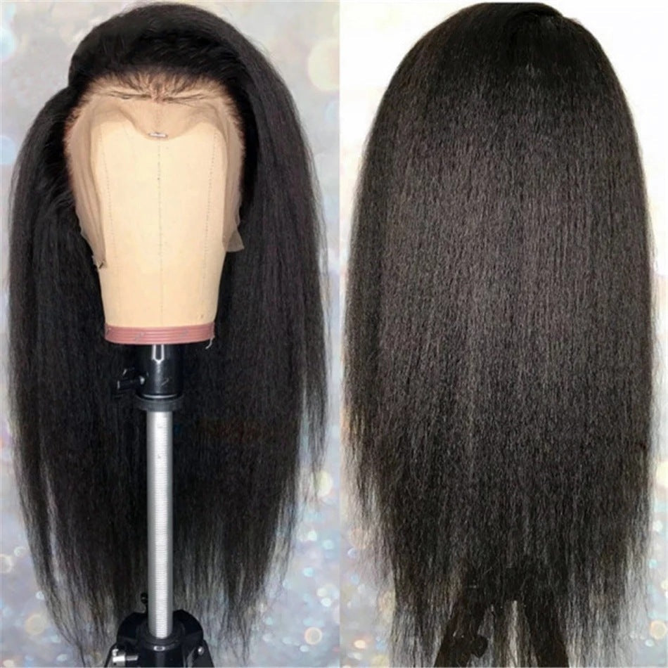 Long black straight lace front wig with natural middle part, realistic hairline, soft fluffy volume, silky high-temperature synthetic fiber and smooth natural-looking texture for women.