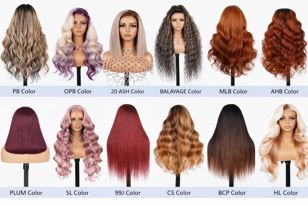 Thai Luxury Hair human hair color chart featuring PB, OPB, 20 Ash, Balayage, MLB, AHB, Plum, SL, 99J, CS, BCP and HL wig and extension colors