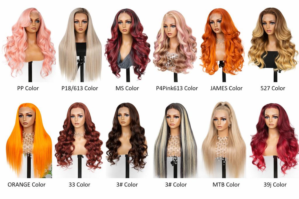 Thai Luxury Hair human hair color options for wigs and extensions featuring pink, blonde, burgundy, orange, brown, black and highlighted shades