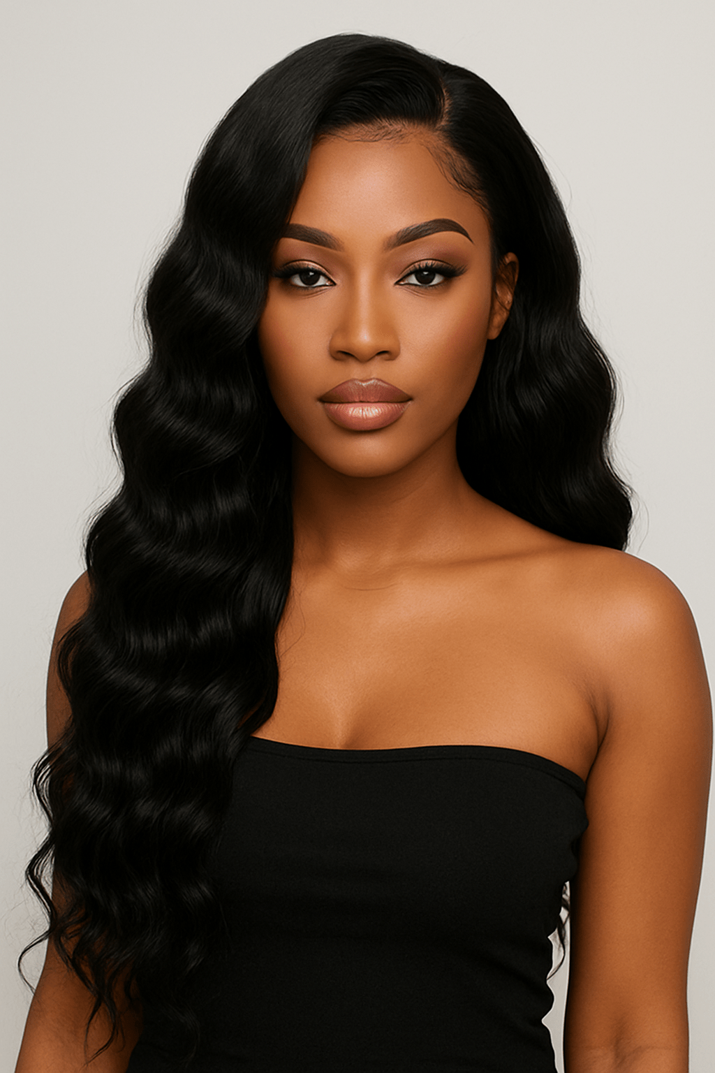 Woman with long, wavy black hair wearing a black strapless top against a plain background. deep wave wig, deep wave lace front wig, deep wave human hair wig, deep wave lace wig, deep curly wig, curly lace front wig, curly human hair wig, curly wig, natural black wig, black human hair wig, black lace front wig, black lace wig, black wig, lace front wig, lace front human hair wig, human hair wig, 100% human hair wig, glueless wig, glueless lace front wig, glueless human hair wig, ready to wear wig, beginner