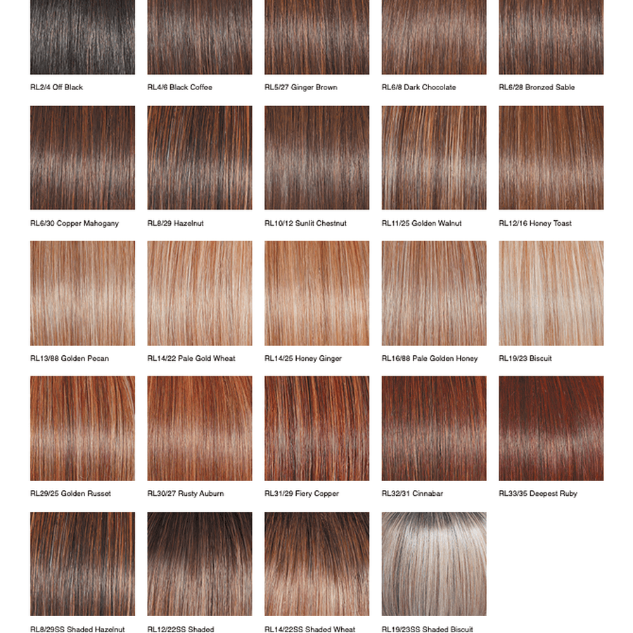 A grid of hair color swatches showing various shade options for a highlighted or lowlights-style hair color treatment. The labels include Off Black, Black Coffee, Ginger Brown, Dark Chocolate,  Shagreed Sable, Copper Mahogany, Hazel, Sunt Chehtul (likely Shastee Chehtul / Auburn), Golden Walnut, Honey Toast, Pale Golden Honey,Biscuit, Rusty Auburn, Firry Copper, Deeped Ruby, Golden Russet, Shaded Hazel, Shaded Wheat,Honey Ginger, Pale Golden Honey, Biscuit, and Conical and Shaded Biscuit.