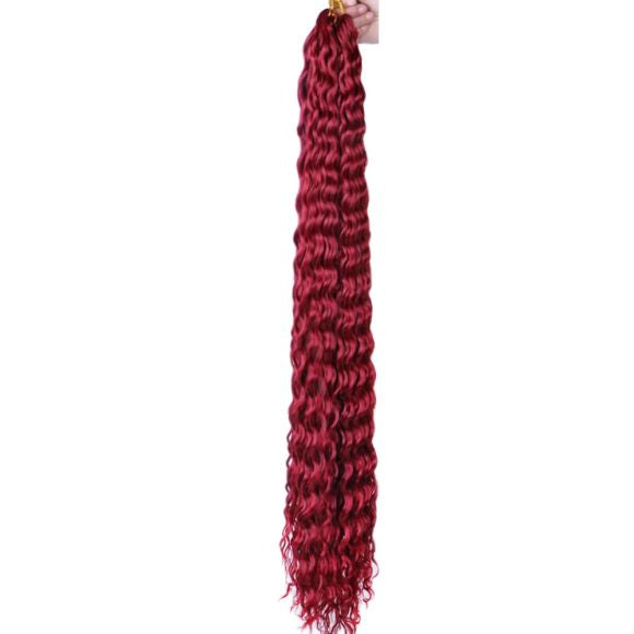 Burgundy red deep wave synthetic hair extension, long curly Russian chemical fiber hairpiece for women on white background