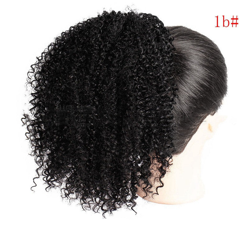 African drawstring small curly ponytail wig extension for Black women, natural black 1B kinky curly hairpiece, voluminous curls, adjustable drawstring protective updo.