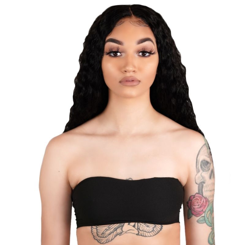 Woman wearing a black strapless top with a plain background Deep Wave 13x4 Transparent Lace Front 100% Human Hair Wig