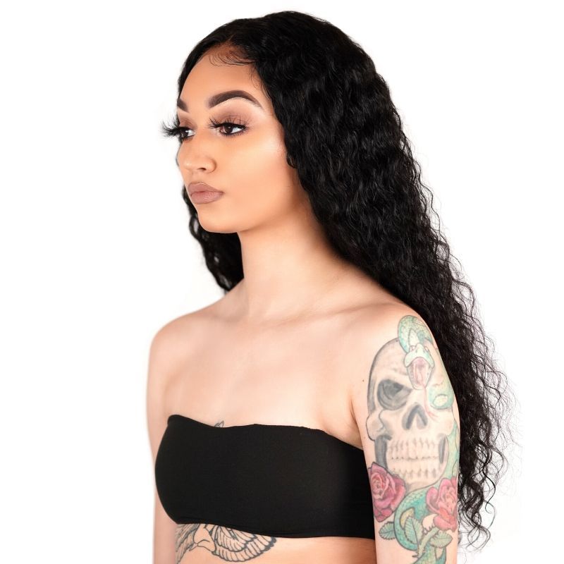 Woman with long black hair and tattoos on a white background Deep Wave 13x4 Transparent Lace Front 100% Human Hair Wig