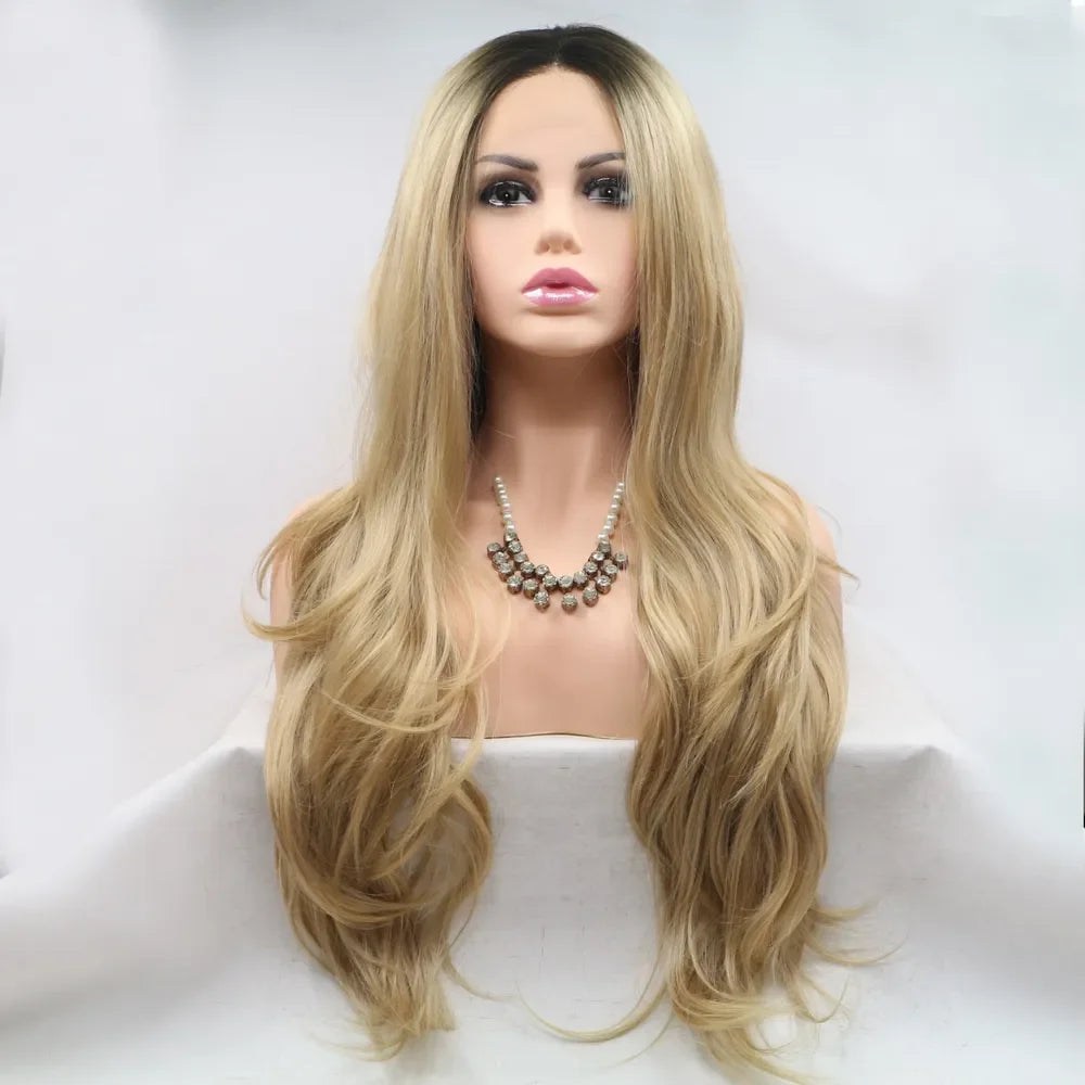 24" Lace Front Synthetic Wig in Honey Blonde, Long Wavy