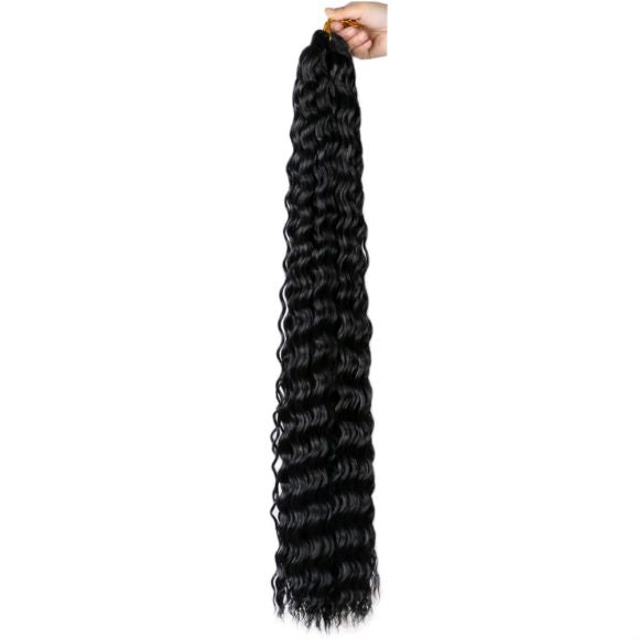 Long black deep wave synthetic hair extension, Russian chemical fiber wavy hairpiece for women, natural-looking curls on white background