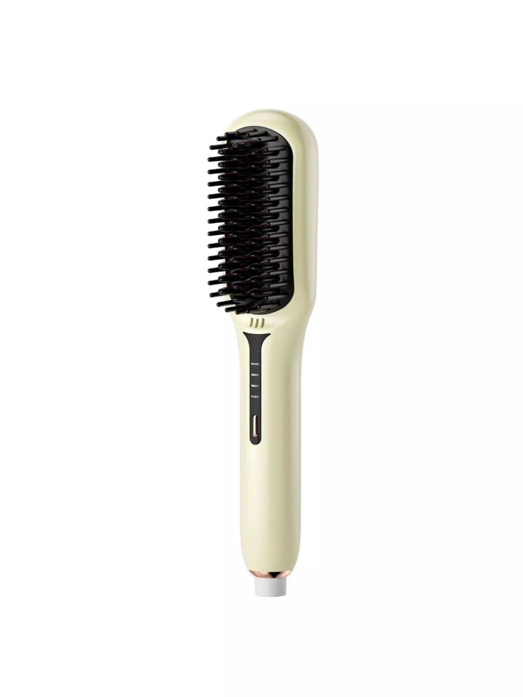 Ivory fast-heating electric hair straightening brush with black heated bristles, ergonomic handle, adjustable temperature controls and rapid heat technology for smooth, sleek, frizz-free hair styling.