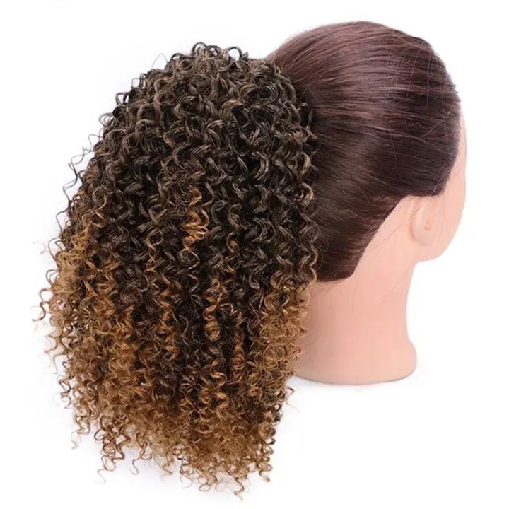 African drawstring small curly ponytail wig extension for Black women, ombre 1B/27 honey blonde kinky curly hairpiece with voluminous defined curls, natural textured curly puff, adjustable drawstring attachment, protective updo extension for everyday wear, parties, weddings and special occasions.