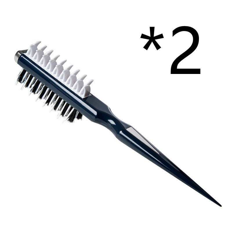 Navy blue hairbrush with white bristles on a white background