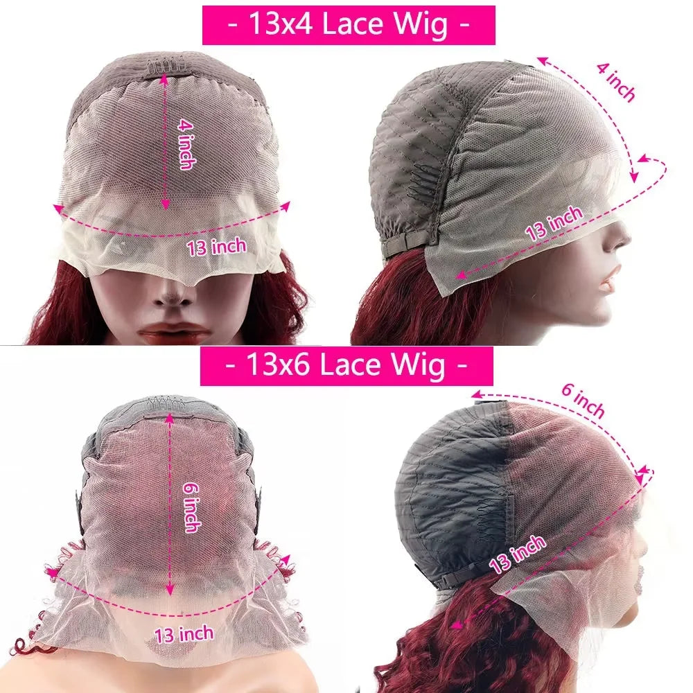 Comparison of 13x4 and 13x6 lace wigs with measurements on a white background. Body Wave Human Hair Wig 13x4 Lace Front Brazilian. with a 200% - 220% - Super Thick and Full