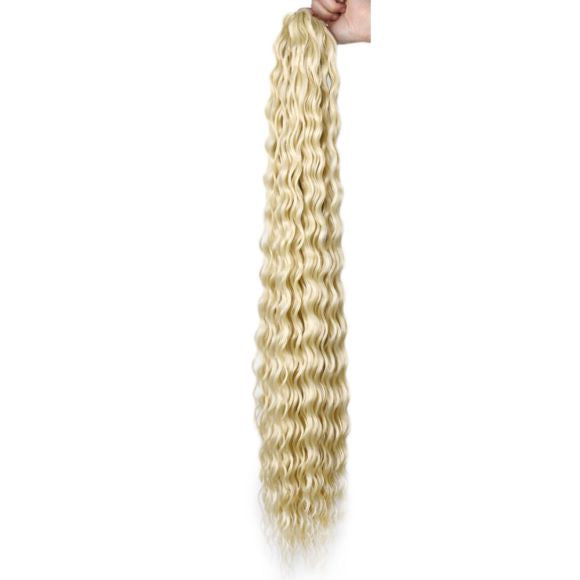 Long platinum blonde deep wave synthetic hair extension, Russian chemical fiber wavy hairpiece for women, luxury blonde curls on white background