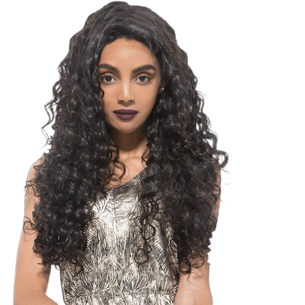EBIN DRESS 9A Brazilian Virgin Hair Lace Front Wig Deep Wave 22 inch, long curly black human hair wig with natural-looking lace front and voluminous deep wave texture