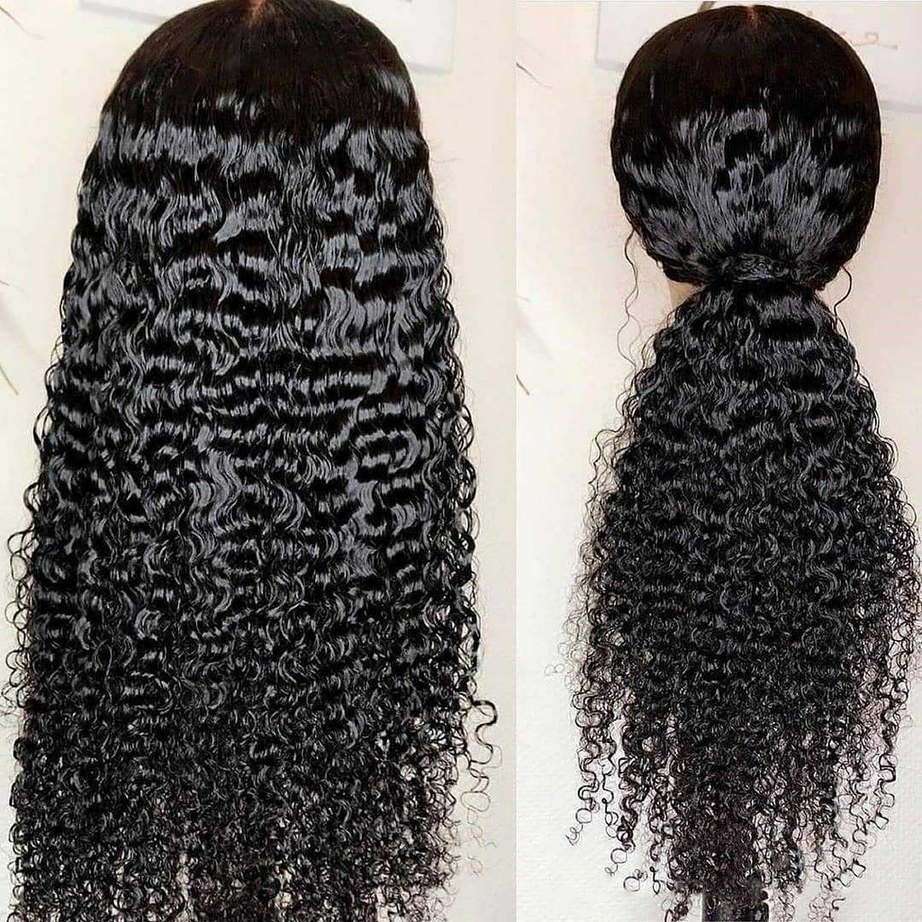 Jerry Curly Human Hair Lace Front Wig Long Black Deep Curly Wet Wave Brazilian Hair Natural Hairline Baby Hair 13x4 Lace Wig for Women Front and Back View