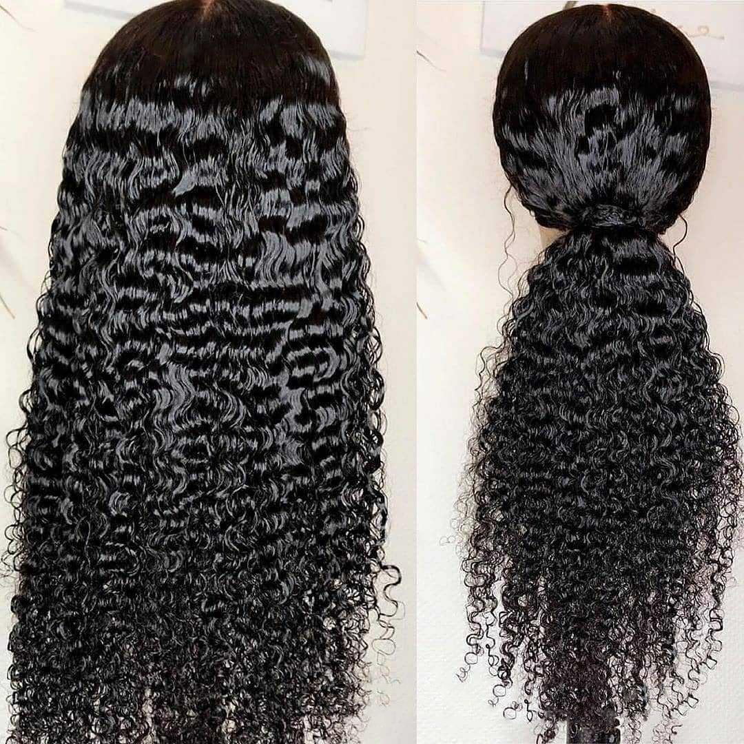 Jerry Curly Human Hair Lace Front Wig Long Black Deep Curly Wet Wave Brazilian Hair Natural Hairline Baby Hair 13x4 Lace Wig for Women Front and Back View