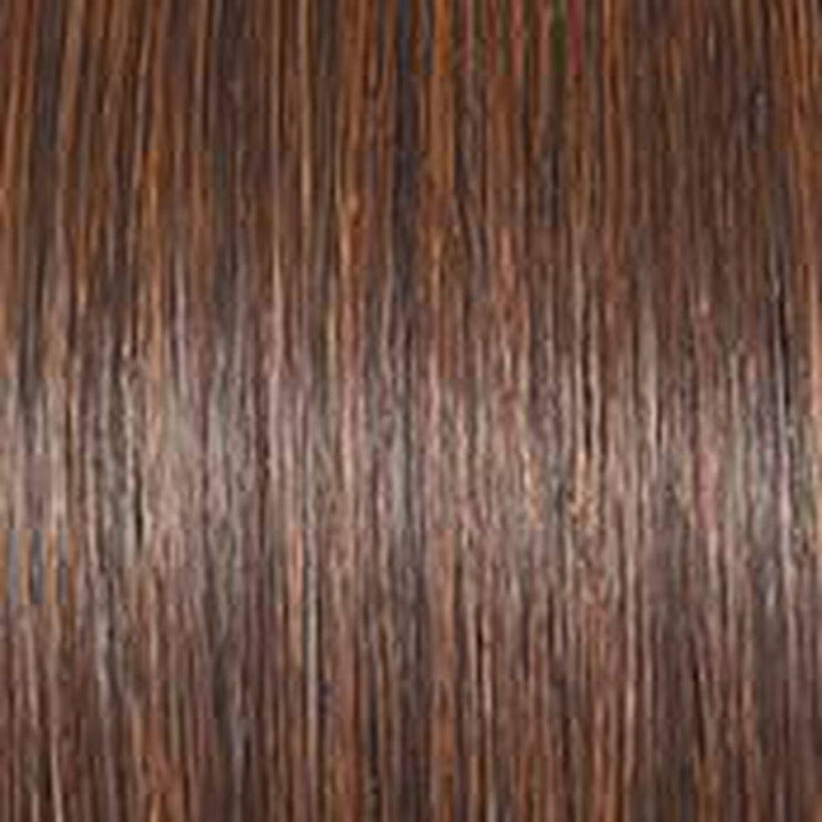 A close-up texture shot of straight, dark brown hair with subtle lighter brown highlights.