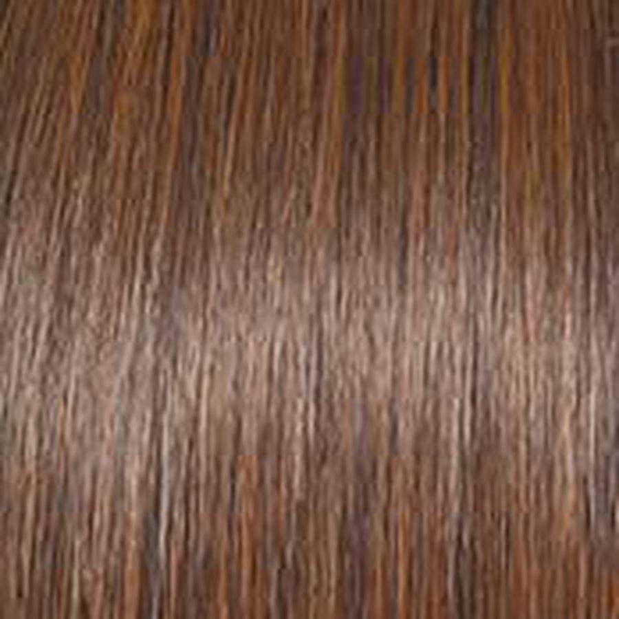 A close-up texture shot of straight brown hair with warm medium brown tones and subtle lighter highlights.