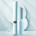 Light blue rechargeable cordless heated hair straightening comb with LCD digital temperature display, USB charging, quick heat technology, anti-scald bristles, portable travel design, frizz control and smoothing styling tool for sleek straight hair on a light blue background.