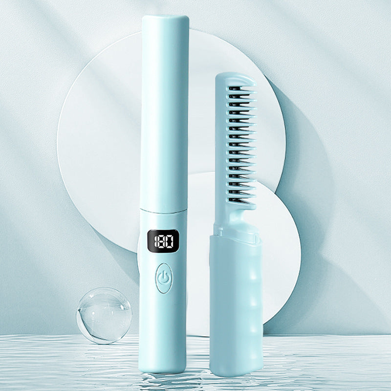Light blue rechargeable cordless heated hair straightening comb with LCD digital temperature display, USB charging, quick heat technology, anti-scald bristles, portable travel design, frizz control and smoothing styling tool for sleek straight hair on a light blue background.