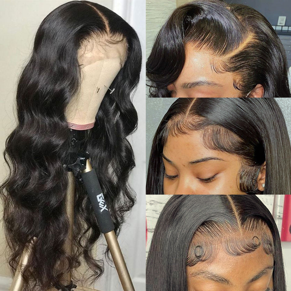 Long black wavy lace front wig collage featuring 180% density, transparent lace, deep side part, natural hairline, styled baby hairs and long body waves.