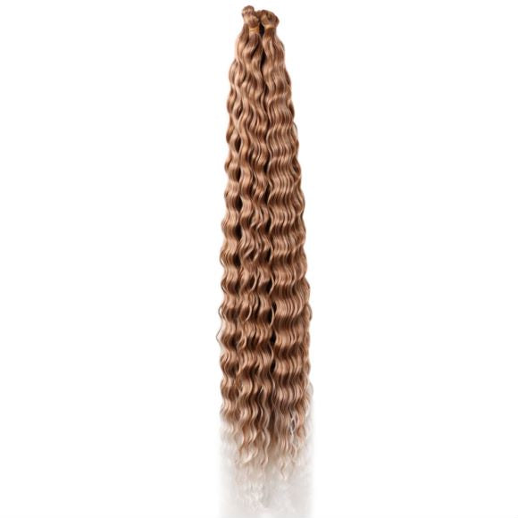 A bundle of long, straight wavy hair extensions in a light ash blonde color, hombre transition to bleach blonde displayed vertically against a plain white background.