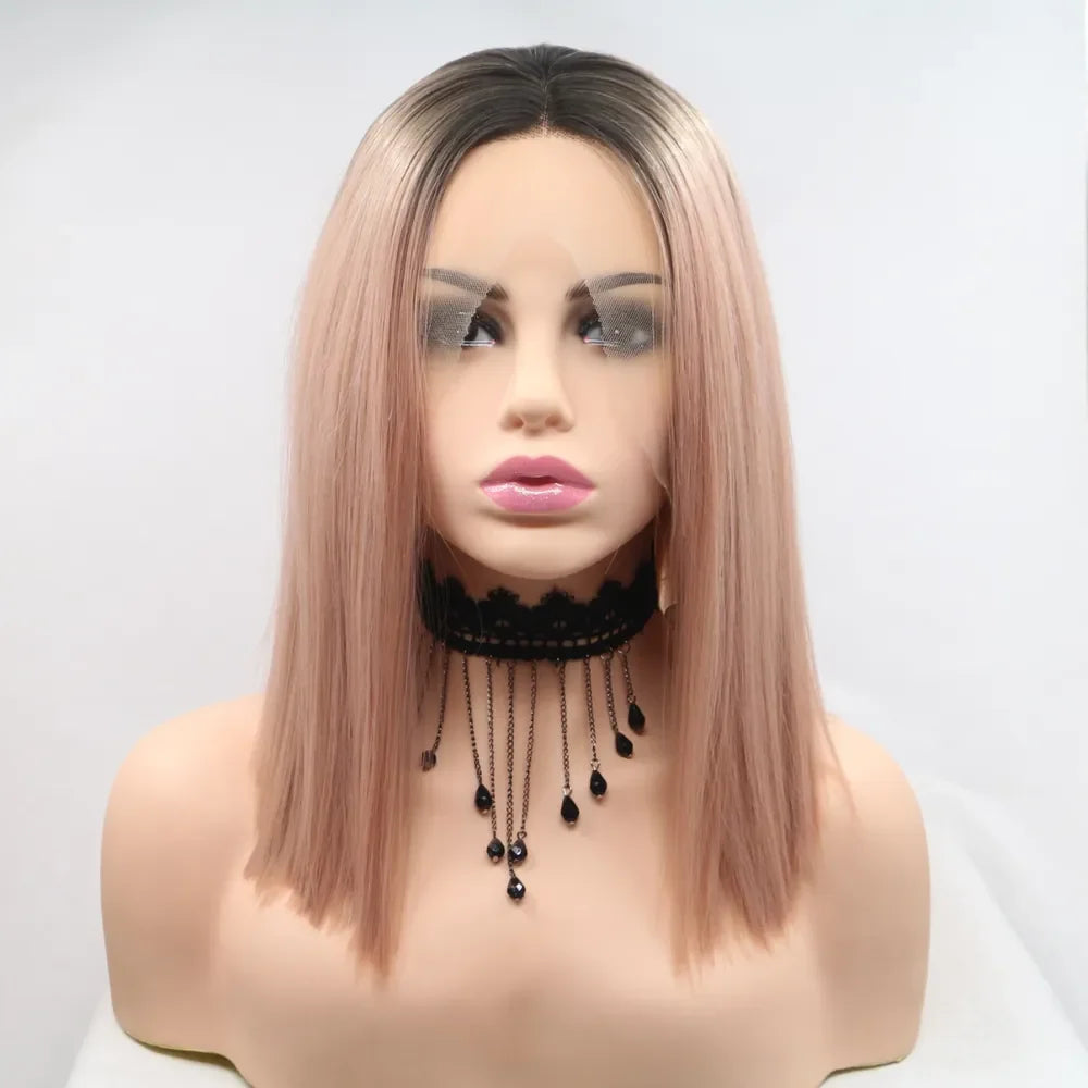 12" Lace Front Synthetic Wig in Pink with Black Roots, Mid-Length
